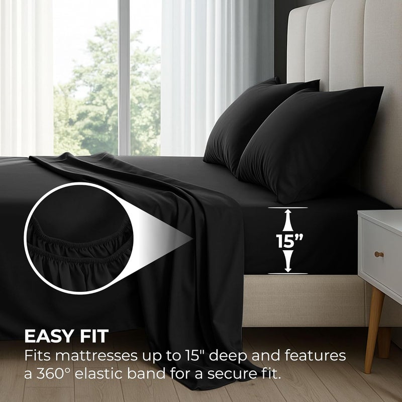 Pure Bedding Bed Sheets - Full Sheet Set [4-Piece, Black] - Hotel Luxury 1800 Brushed Microfiber - Soft and Breathable - Deep Pocket Fitted Sheet, Flat Sheet, Pillow Cases - Image 5