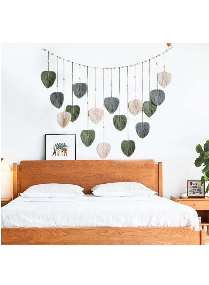 OASIS-TH Leaf Macrame Wall Hanging with Wooden Bead Boho Room Home Decor Woven Aesthetic Wall Tapestry Home Room Wedding Decoration for Bedroom Living Room Apartment Backdrop Green - Image 1