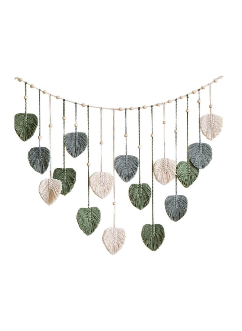 OASIS-TH Leaf Macrame Wall Hanging with Wooden Bead Boho Room Home Decor Woven Aesthetic Wall Tapestry Home Room Wedding Decoration for Bedroom Living Room Apartment Backdrop Green - Image 2