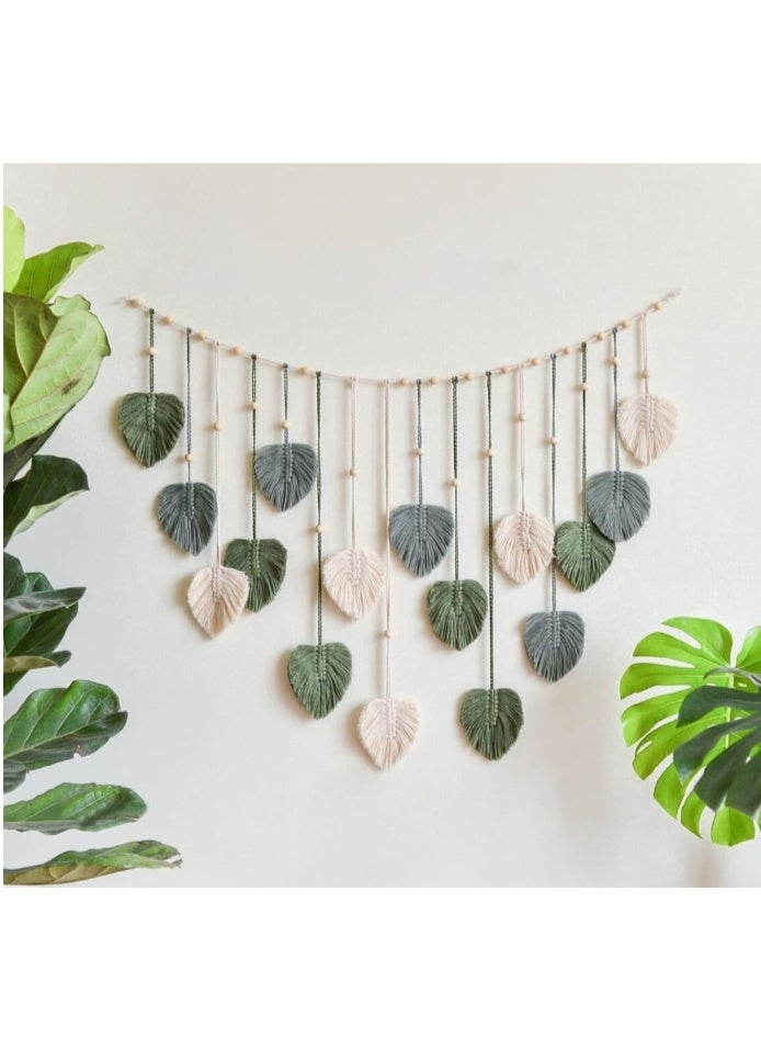 OASIS-TH Leaf Macrame Wall Hanging with Wooden Bead Boho Room Home Decor Woven Aesthetic Wall Tapestry Home Room Wedding Decoration for Bedroom Living Room Apartment Backdrop Green - Image 4
