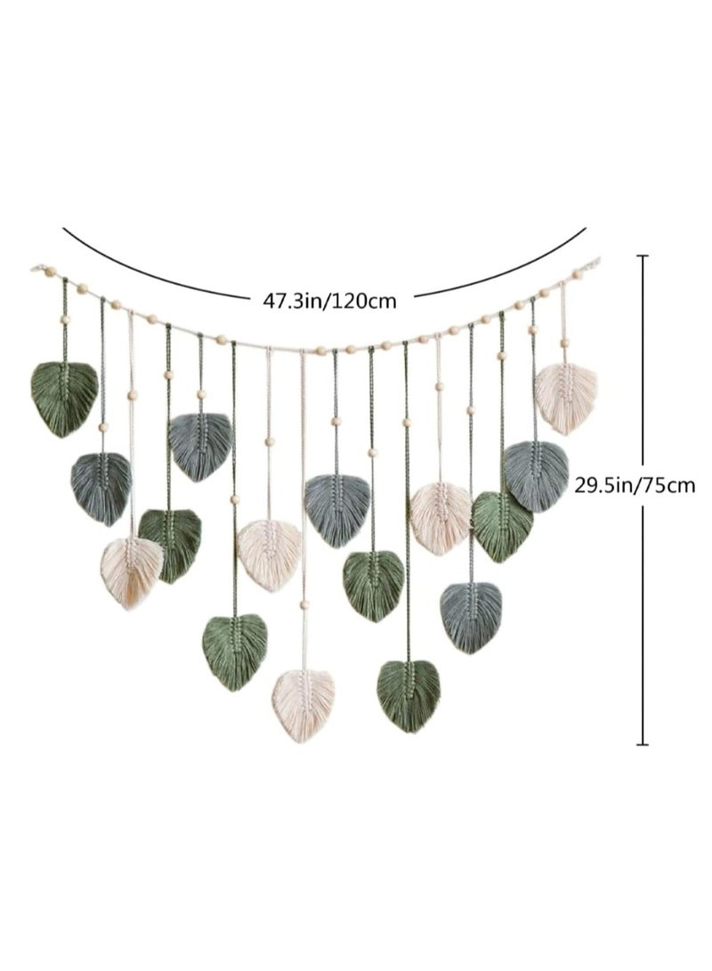 OASIS-TH Leaf Macrame Wall Hanging with Wooden Bead Boho Room Home Decor Woven Aesthetic Wall Tapestry Home Room Wedding Decoration for Bedroom Living Room Apartment Backdrop Green - Image 3
