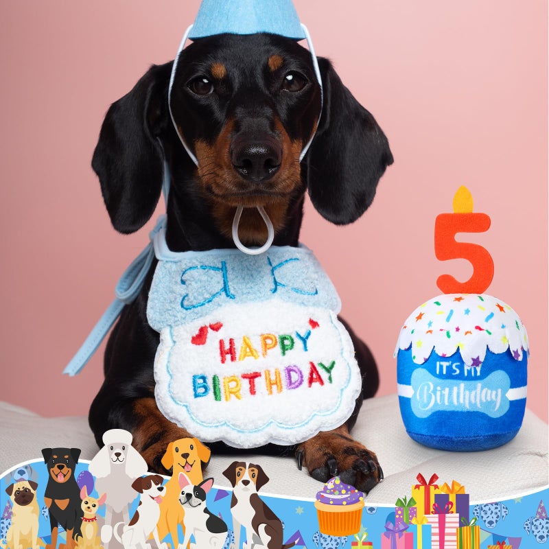 Dansydaisy Dog Birthday Cake Toy Accessories for Girl Boy Gifts, Squeaky Plush Toy for Dog Birthday Party Decor Favor for Large, Medium and Small Dogs(5th,Blue) - Image 5