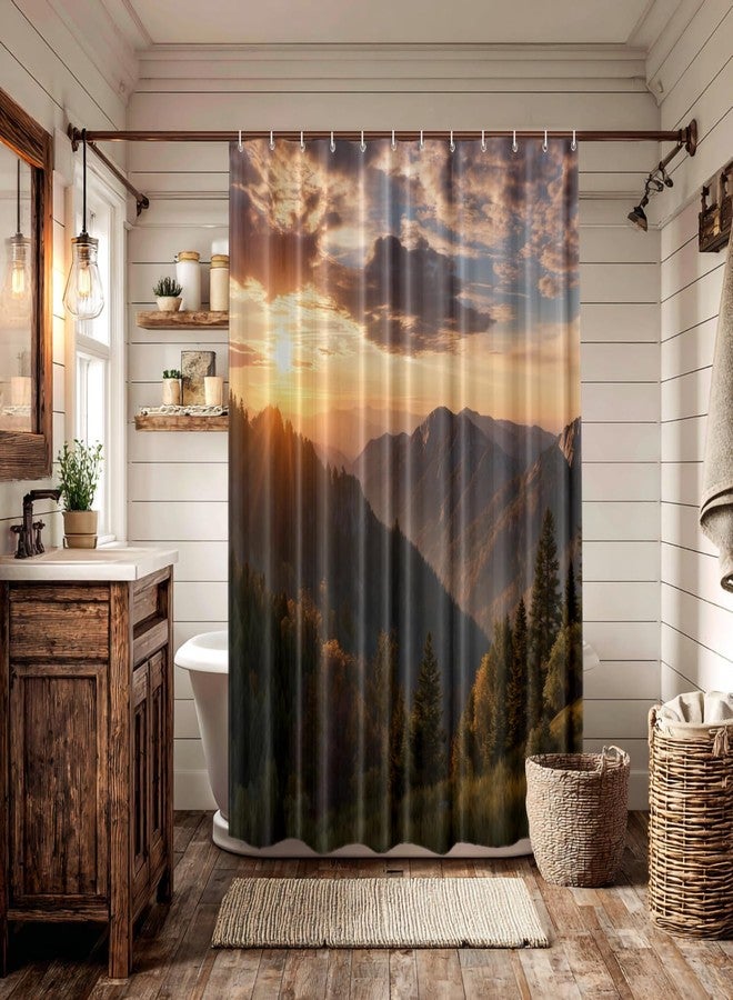 Batmerry Golden Yellow Natural Sunrise Decor Shower Curtain,Golden Landscape Mountains Bathroom Decor Polyester Fiber Plastic Rings Quick-Drying Waterproof for Bathtubs/Bathroom, 72x36 inches - Image 3