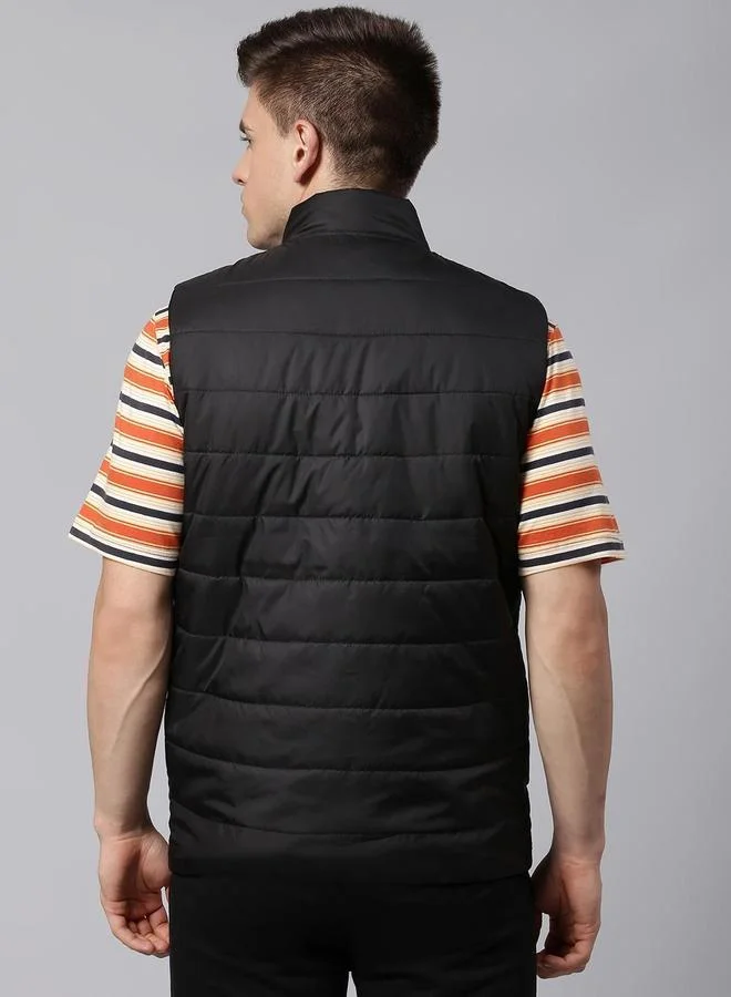 Dennis Lingo Black Regular Fit Men's Solid Mock Neck Sleeveless Polyester Jacket with Zipper Closure