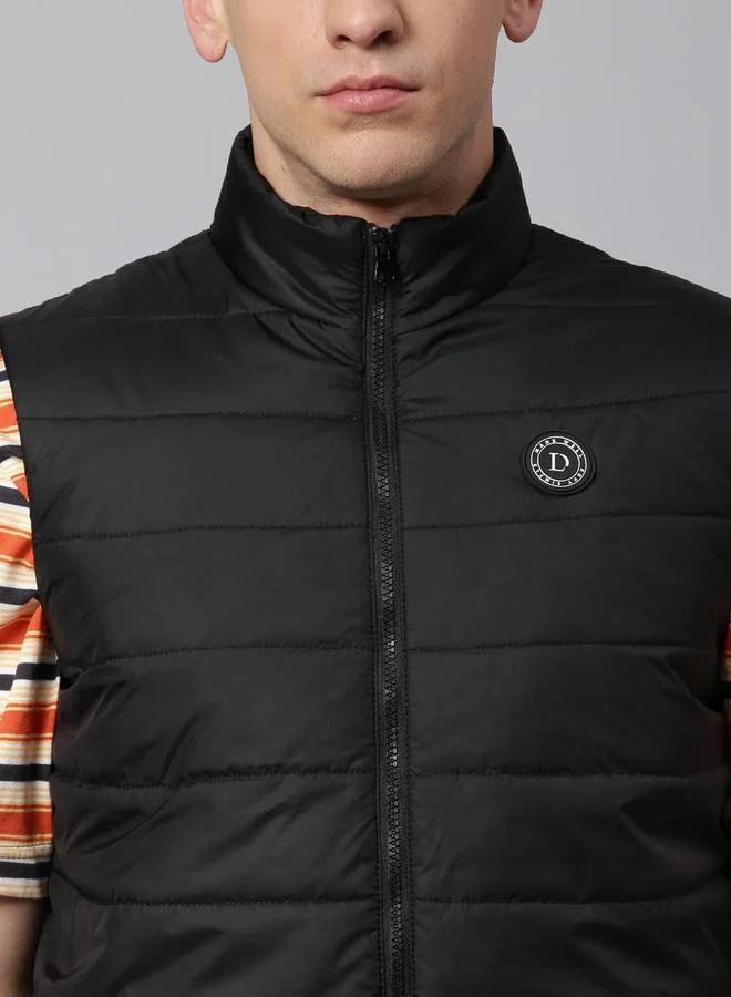 Dennis Lingo Black Regular Fit Men's Solid Mock Neck Sleeveless Polyester Jacket with Zipper Closure