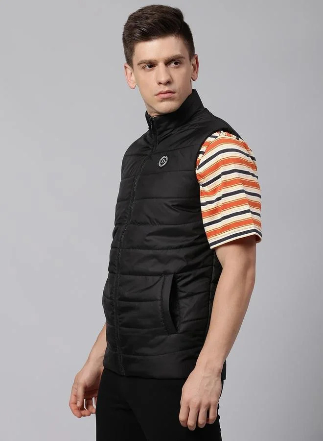 Dennis Lingo Black Regular Fit Men's Solid Mock Neck Sleeveless Polyester Jacket with Zipper Closure