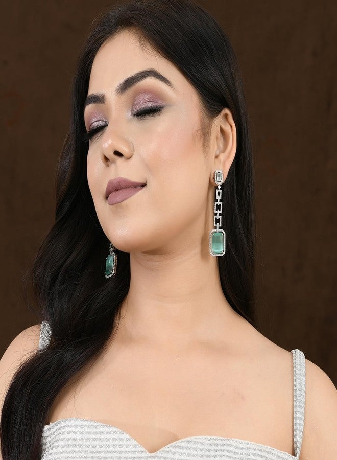 Voylla Sparkling Elegance Aqua American Diamond Dangler Earrings for Women Long American Diamond Earrings Womens Day Gift for Her Elegant Jewellery Gift - Image 4