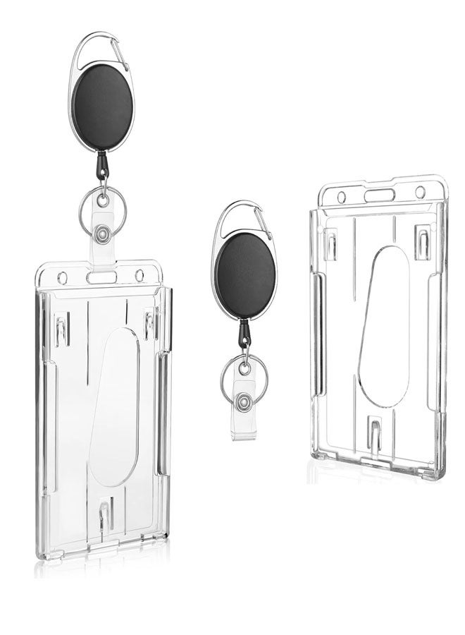 2 Pack Hard Plastic Badge Holders with Heavy Duty Badge Reels,Transparent Thumb Slot PC Hard Plastic Card Protector for Nurse Doctor Teacher Office School Hospitl Credit Card Key(Horizontal)