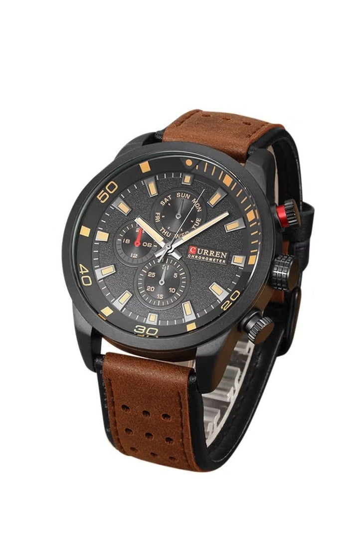 CURREN Men's Water Resistant Leather Chronograph Watch WT-CU-8250-B - 48 mm - Brown - Image 1
