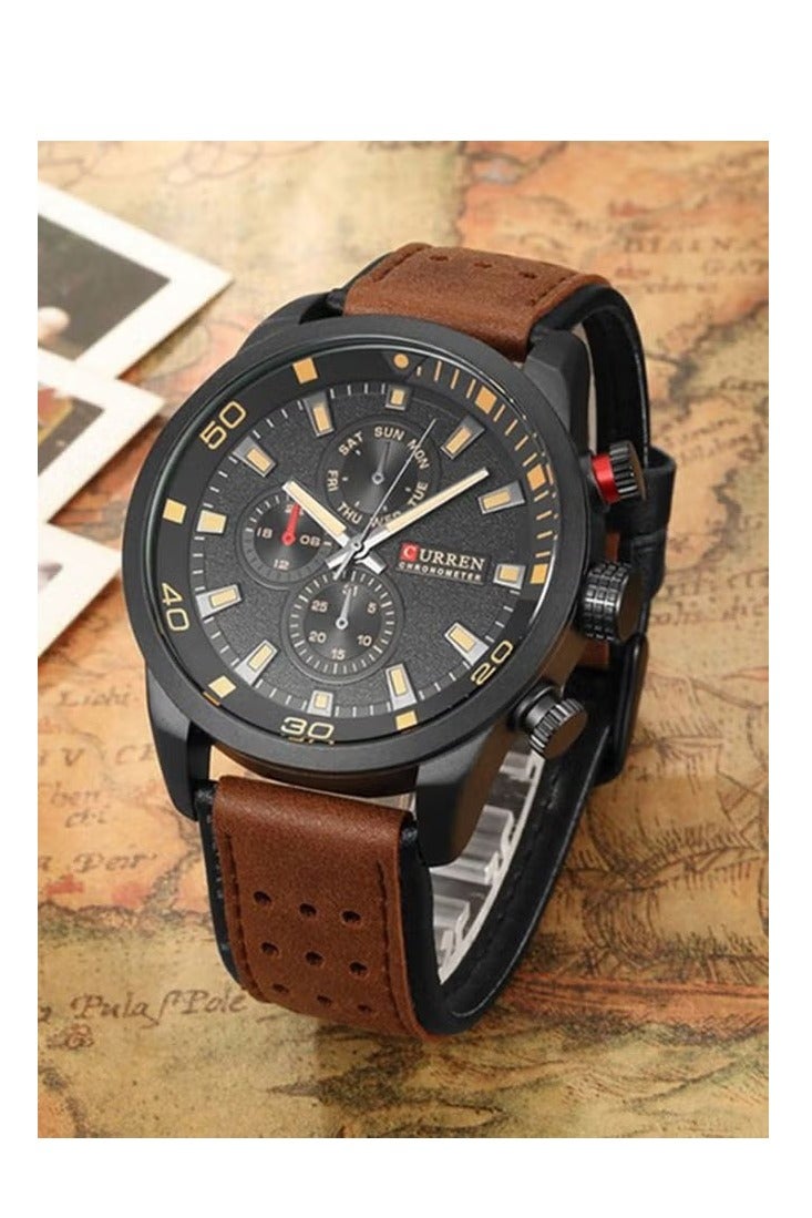CURREN Men's Water Resistant Leather Chronograph Watch WT-CU-8250-B - 48 mm - Brown - Image 2
