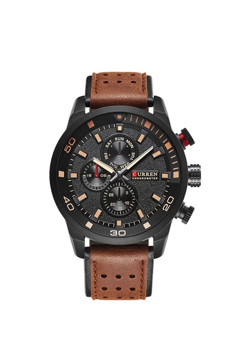 CURREN Men's Water Resistant Leather Chronograph Watch WT-CU-8250-B - 48 mm - Brown - Image 3