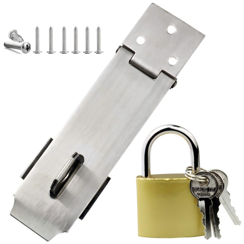 Arlai 4" Stainless Steel Latch Lock Padlock hasp Set, with Screws and Padlock, Your Own Fence Locks gate Lock, for shed Locks with Keys Lock hasp Set - Image 1