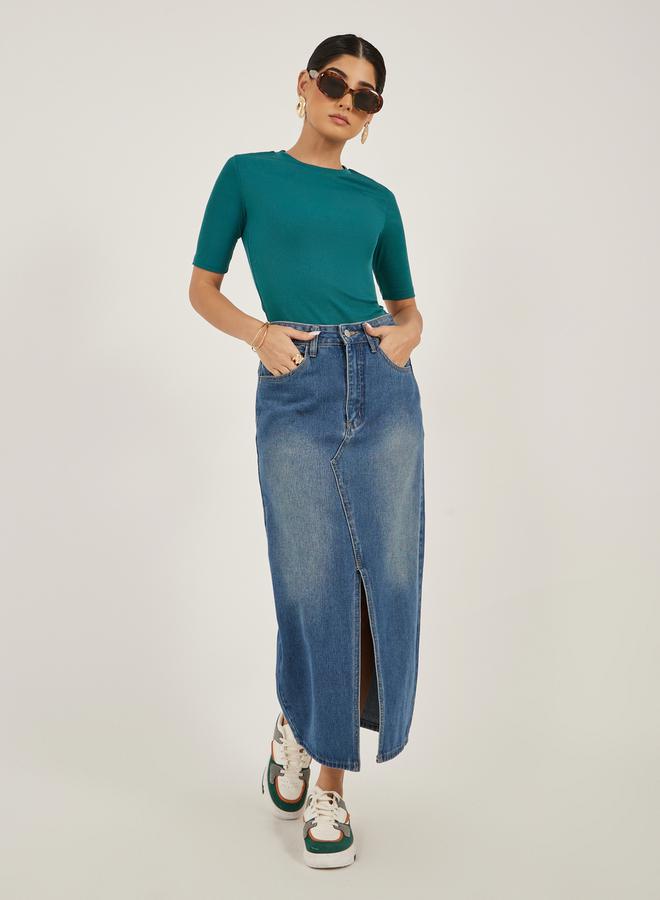 Styli Ribbed Short Sleeve Round Neck Fitted Knit Top  - Image 1