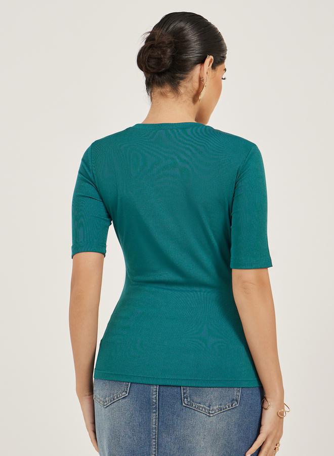 Styli Ribbed Short Sleeve Round Neck Fitted Knit Top  - Image 4