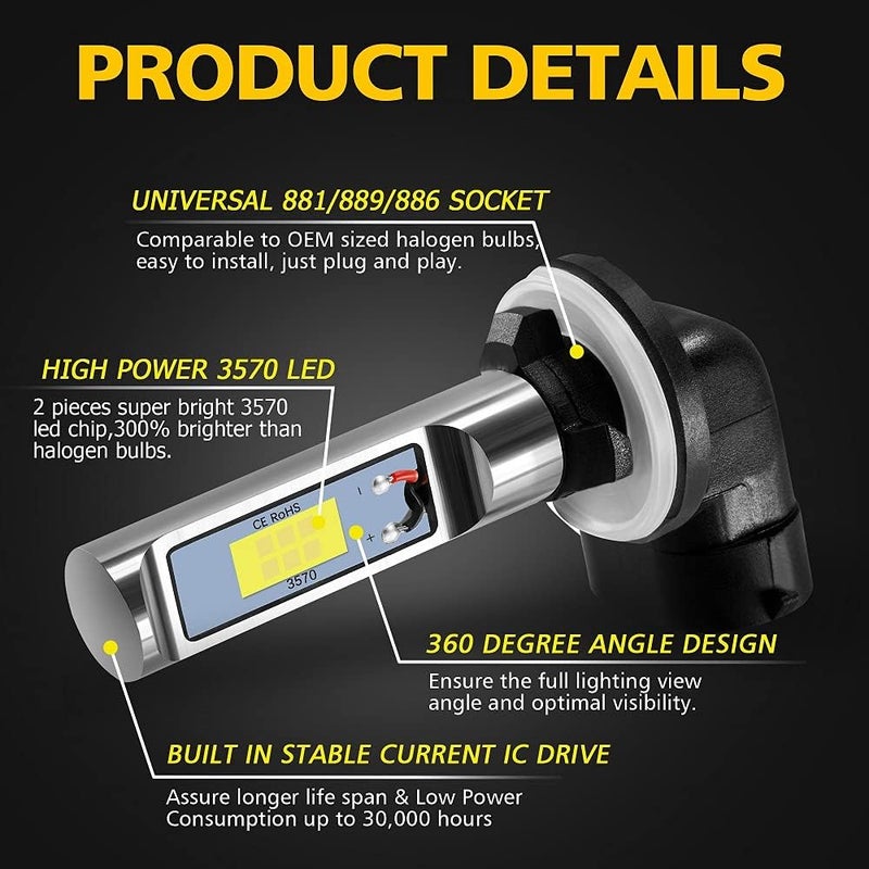 AUXLIGHT 881 LED Fog Light DRL Bulbs, 3000 Lumens Extremely Bright 889 886 894 862 896 898 Bulbs Replacement for Cars, Trucks, 6000K Xenon White - Image 4