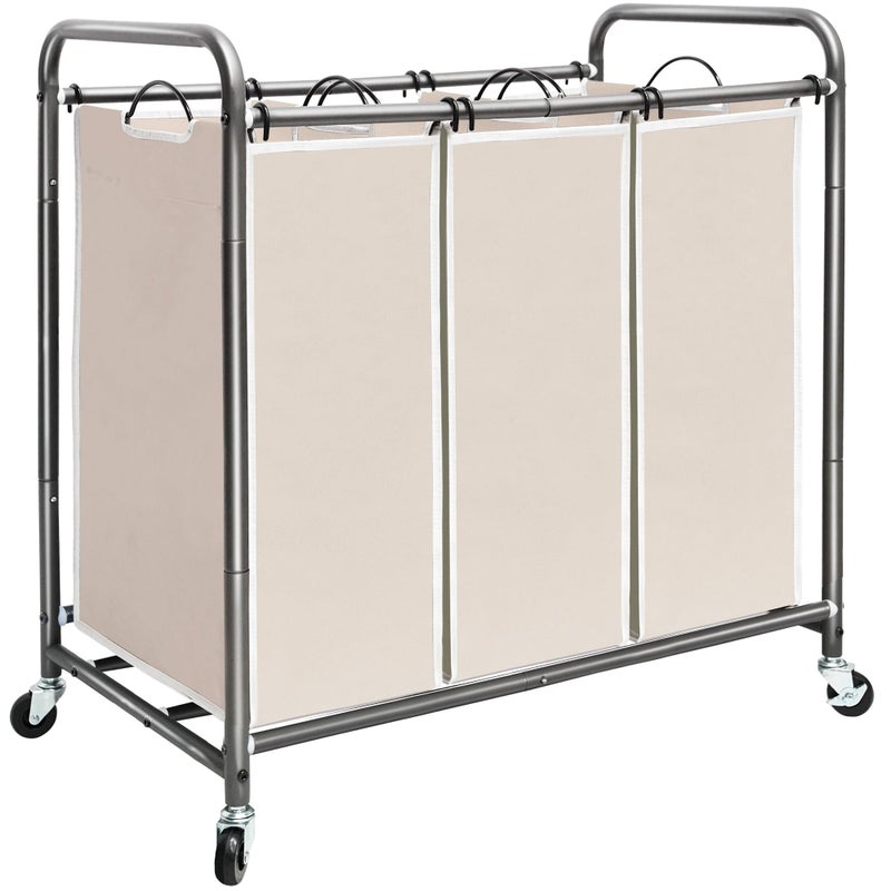STORAGE MANIAC 3 Section Laundry Sorter, 35.9 Gal (136 L) Laundry Hamper Cart with Heavy Duty Rolling Lockable Wheels and Removable Bags, Clothes Organizer Basket Clothes Separator Hamper, Beige - Image 1