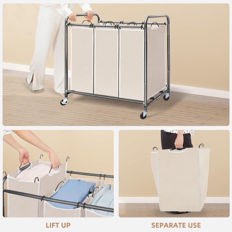 STORAGE MANIAC 3 Section Laundry Sorter, 35.9 Gal (136 L) Laundry Hamper Cart with Heavy Duty Rolling Lockable Wheels and Removable Bags, Clothes Organizer Basket Clothes Separator Hamper, Beige - Image 4