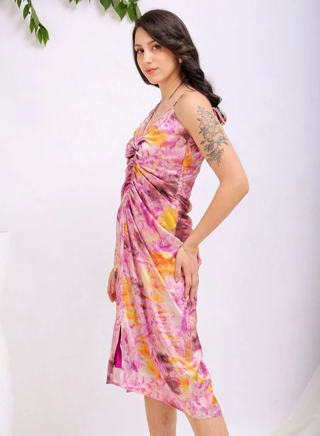 Freehand  Women Regular Fit Abstract Printed V-Neck Sleeveless Ruched Dress for Women | Best Price UAE