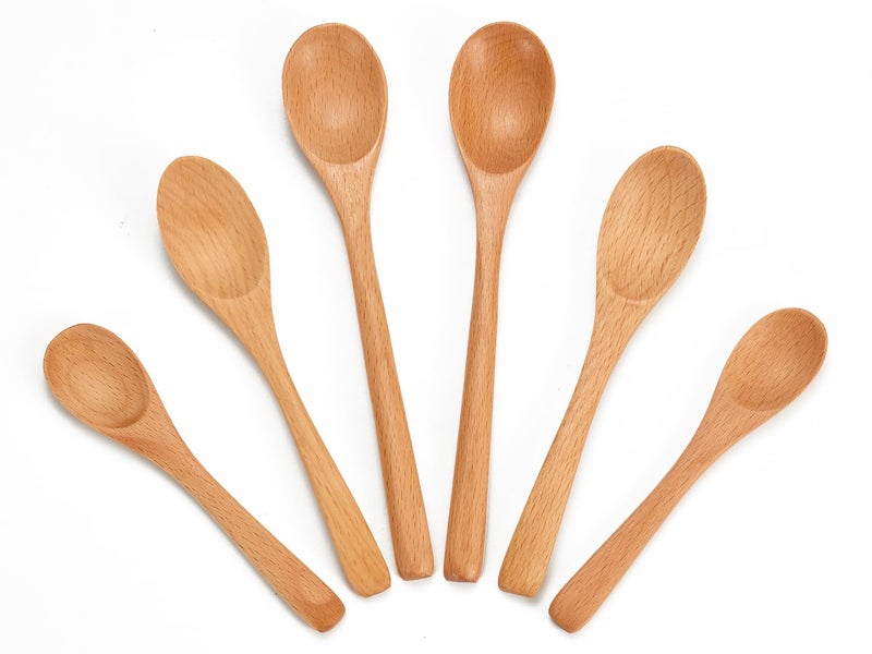 UANJBYO 6 Piece Small Wooden Spoons Set - Premium Beech Wood Spoons in 3 Sizes (4.9", 5.9", 7.1") for Honey, Tea, Coffee, Multi-Purpose Mini Teaspoons Utensils for Ice Cream and Soup - Image 1