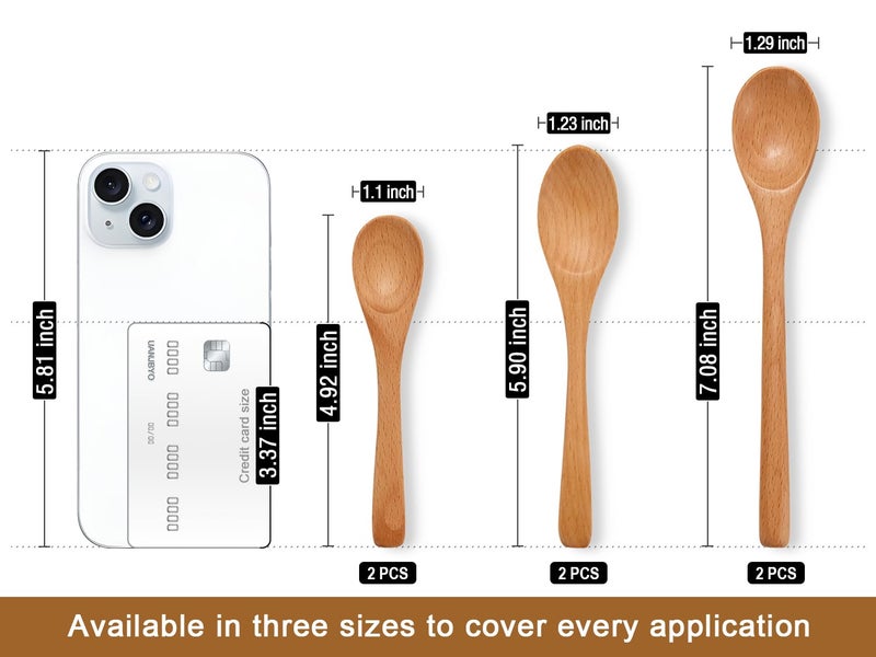 UANJBYO 6 Piece Small Wooden Spoons Set - Premium Beech Wood Spoons in 3 Sizes (4.9", 5.9", 7.1") for Honey, Tea, Coffee, Multi-Purpose Mini Teaspoons Utensils for Ice Cream and Soup - Image 2