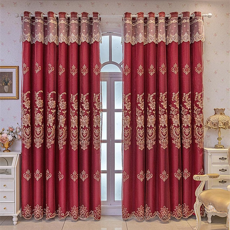 Amidoudou 1 Pair European Double Layer Curtains with Valance for Living Room Bedroom Luxury Embroidered Curtains (Red,51x90 Inch) - Image 2