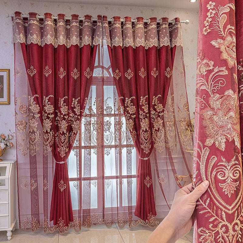 Amidoudou 1 Pair European Double Layer Curtains with Valance for Living Room Bedroom Luxury Embroidered Curtains (Red,51x90 Inch) - Image 1
