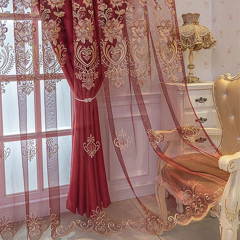 Amidoudou 1 Pair European Double Layer Curtains with Valance for Living Room Bedroom Luxury Embroidered Curtains (Red,51x90 Inch) - Image 4