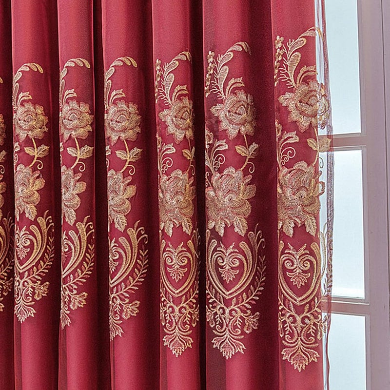 Amidoudou 1 Pair European Double Layer Curtains with Valance for Living Room Bedroom Luxury Embroidered Curtains (Red,51x90 Inch) - Image 5