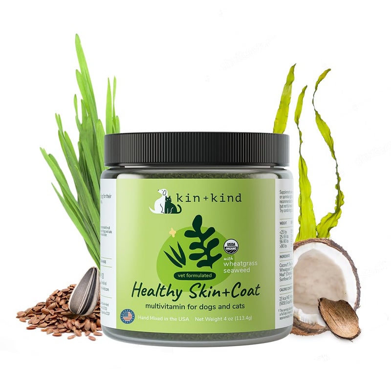 kin+kind Organic Multivitamin for Dogs&Cats - Vitamins and Supplements for Healthy Skin+Coat - Natural Formula with Wheatgrass, Kelp, Flax Seed, Seaweed and Coconut - Small 4 oz - Made in USA - Image 1