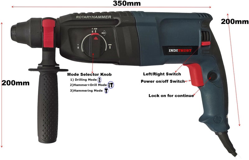 Inditrust with 6 MONTHS WARRANTY New 1250W 26mm hammer drill with SDS drill bits chisels and accessories (Blue) 100% Copper Winding - Image 4