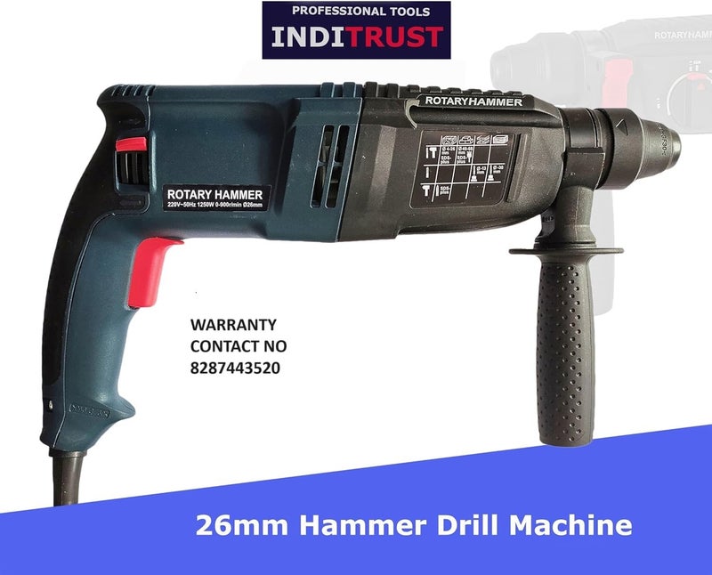 Inditrust with 6 MONTHS WARRANTY New 1250W 26mm hammer drill with SDS drill bits chisels and accessories (Blue) 100% Copper Winding - Image 2