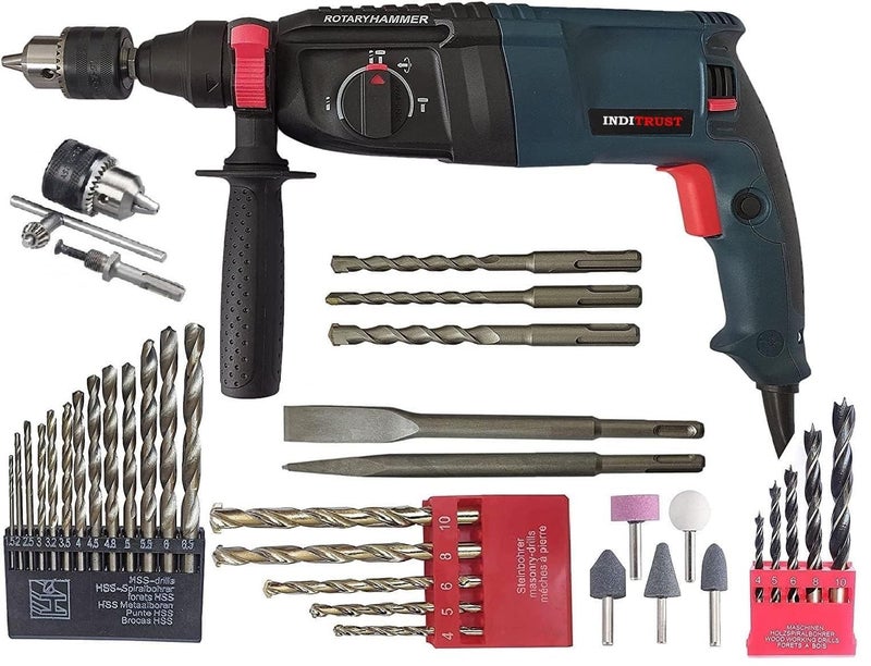 Inditrust with 6 MONTHS WARRANTY New 1250W 26mm hammer drill with SDS drill bits chisels and accessories (Blue) 100% Copper Winding - Image 1