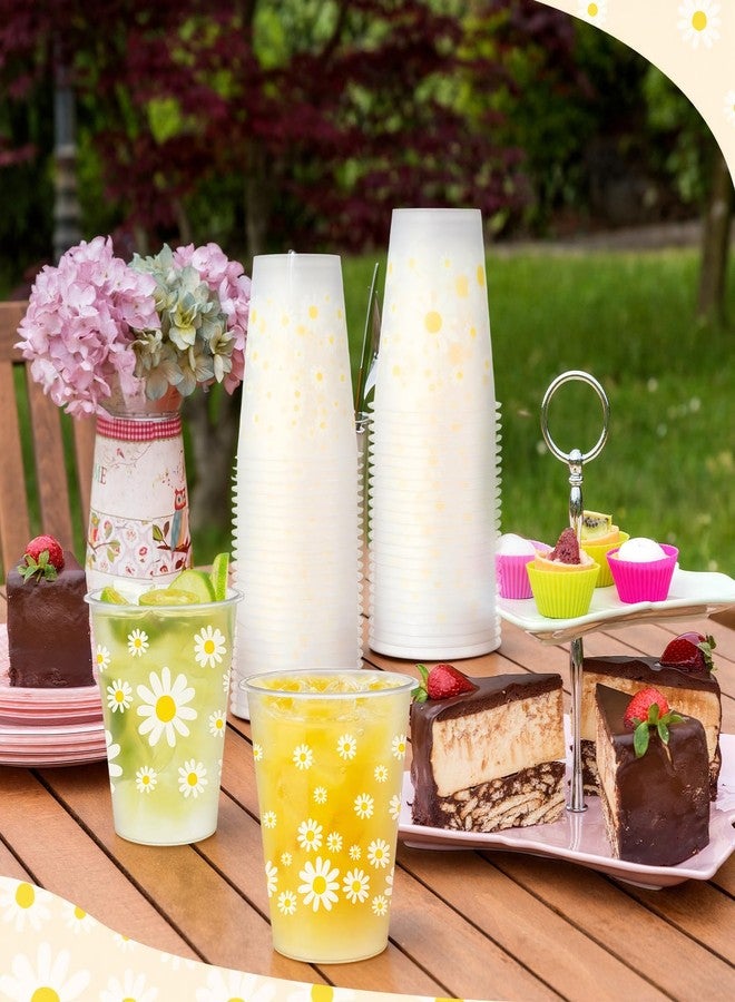 Remerry 48 Pcs Daisy Cups 12 oz Bulk Frosted Disposable Daisy Plastic Cups White Yellow Flower Drinking Clear Beverage Juice Spring Birthday Bridal Bachelorette Groovy Boho Party Decoration Supply - Image 4