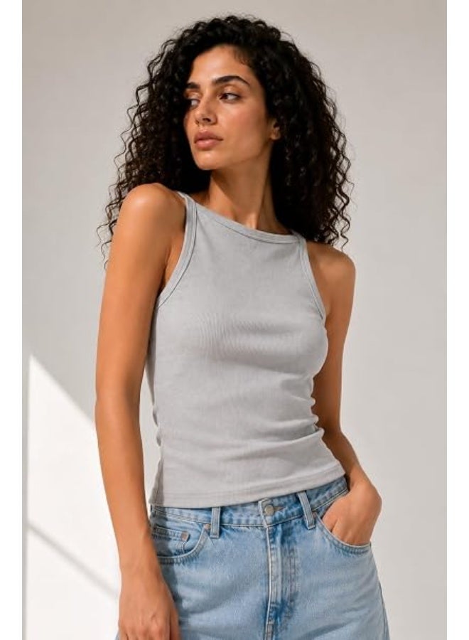 Nileton Women's Basic Ribbed Knit - Cotton Boat Neck Tank Top - Slim Fit Sleeveless Stretchy Fitted Casual Everyday Tank - Image 2