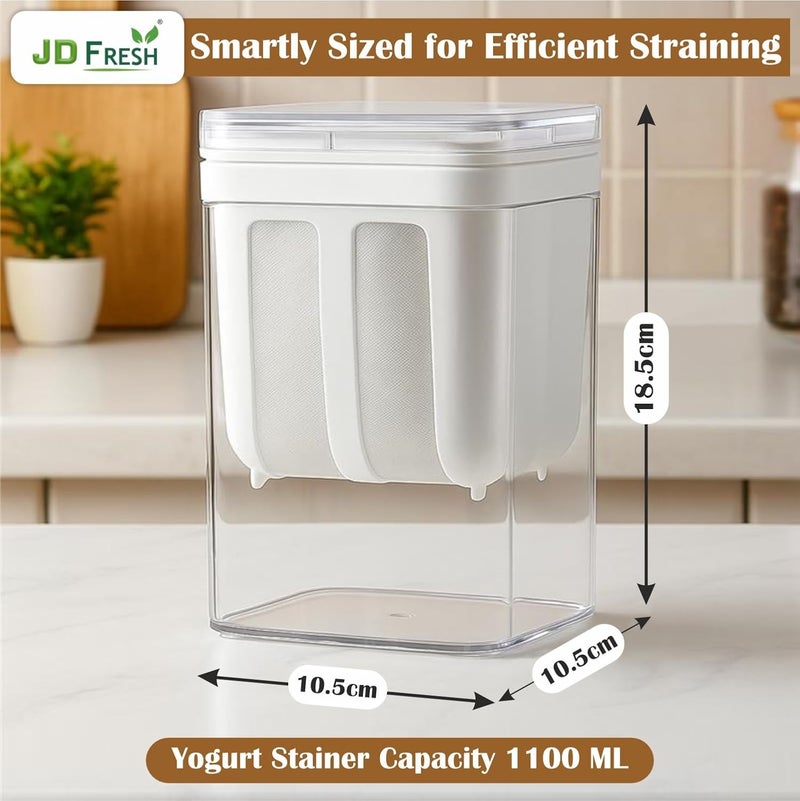 JD FRESH صانع الزبادي واللبن 1100 مل/منخل شبكي ناعم مع غطاء/أساسيات المنزل/لبن معلق/مثالي لصنع الزبادي في المنزل/فاصل مصل اللبن/لبن/جبن والمزيد 10.5x10.5x18.5 سم، أبيض - Image 3