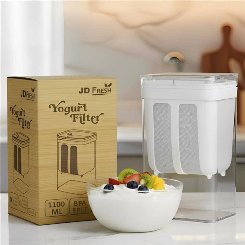 JD FRESH صانع الزبادي واللبن 1100 مل/منخل شبكي ناعم مع غطاء/أساسيات المنزل/لبن معلق/مثالي لصنع الزبادي في المنزل/فاصل مصل اللبن/لبن/جبن والمزيد 10.5x10.5x18.5 سم، أبيض - Image 1