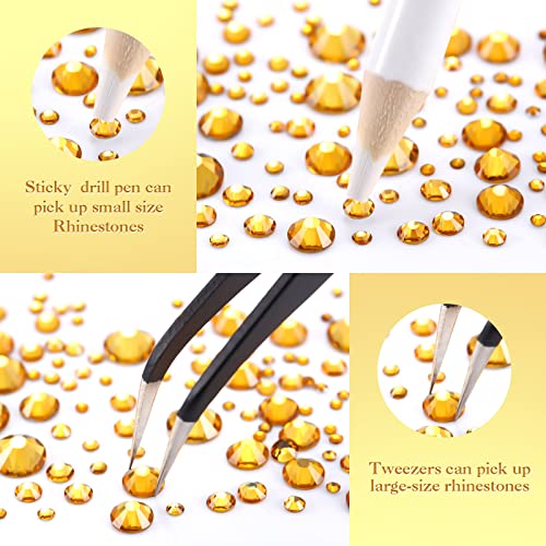 TecUnite 2000 قطعة من الجواهر المسطحة الخلفية 6 أحجام (1.5-6 مم) كريستال دائري من الراين مع ملقط لالتقاط وقلم لالتقاط للأشغال اليدوية، الأظافر، الملابس، الأحذية، الحقائب، فن DIY (ذهبي) - Image 3