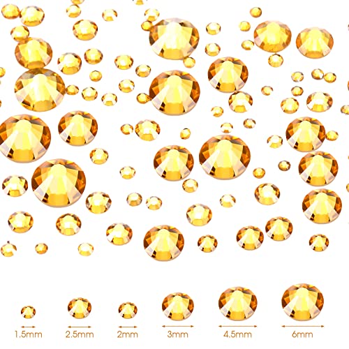 TecUnite 2000 قطعة من الجواهر المسطحة الخلفية 6 أحجام (1.5-6 مم) كريستال دائري من الراين مع ملقط لالتقاط وقلم لالتقاط للأشغال اليدوية، الأظافر، الملابس، الأحذية، الحقائب، فن DIY (ذهبي) - Image 2
