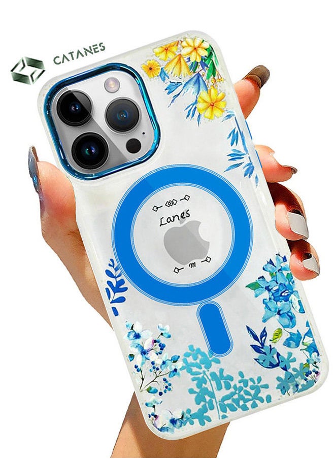 CATANES - Case for Apple iPhone 14 PRO MAX Floral Design Fashion Flower Compatible with MagSafe & Wireless Charging Cover BLUE - Image 1