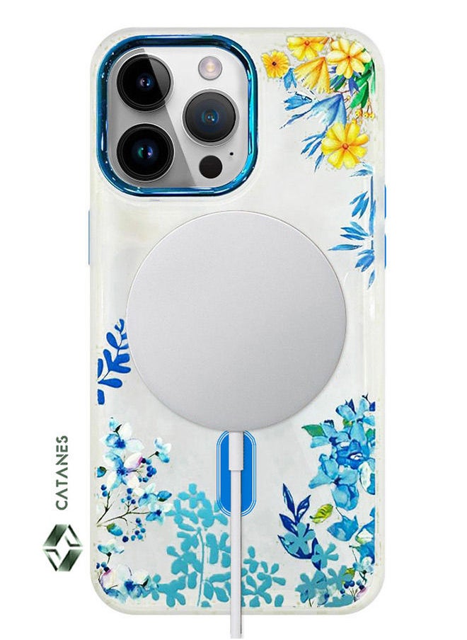 CATANES - Case for Apple iPhone 14 PRO MAX Floral Design Fashion Flower Compatible with MagSafe & Wireless Charging Cover BLUE - Image 1