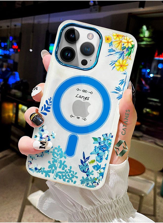 CATANES - Case for Apple iPhone 14 PRO MAX Floral Design Fashion Flower Compatible with MagSafe & Wireless Charging Cover BLUE - Image 1