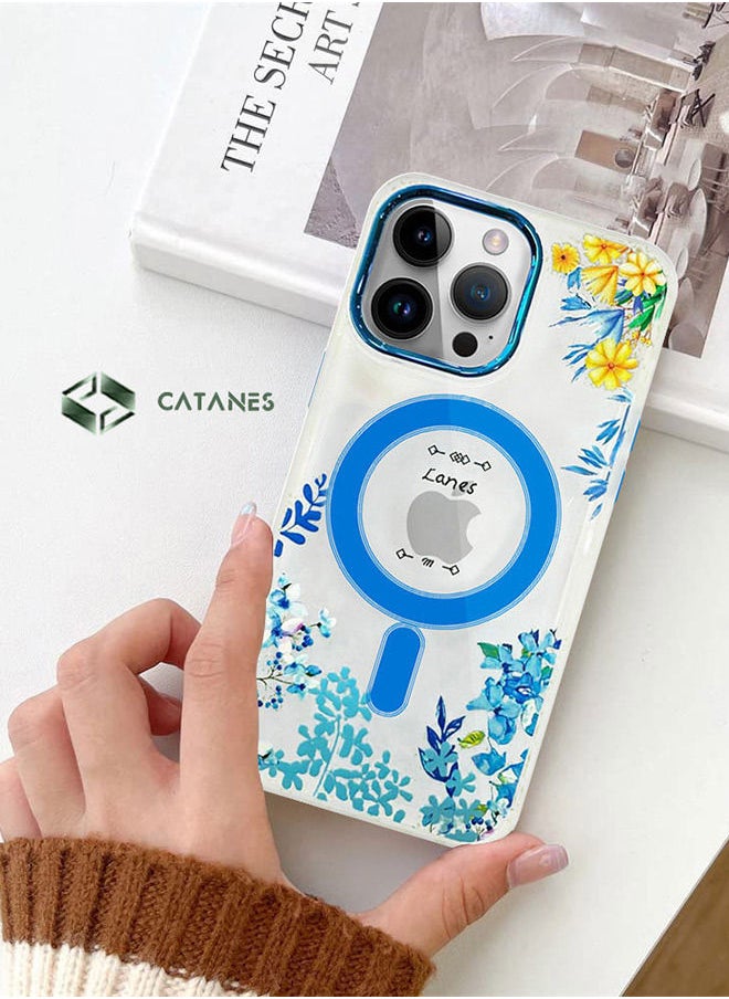 CATANES - Case for Apple iPhone 14 PRO MAX Floral Design Fashion Flower Compatible with MagSafe & Wireless Charging Cover BLUE - Image 1