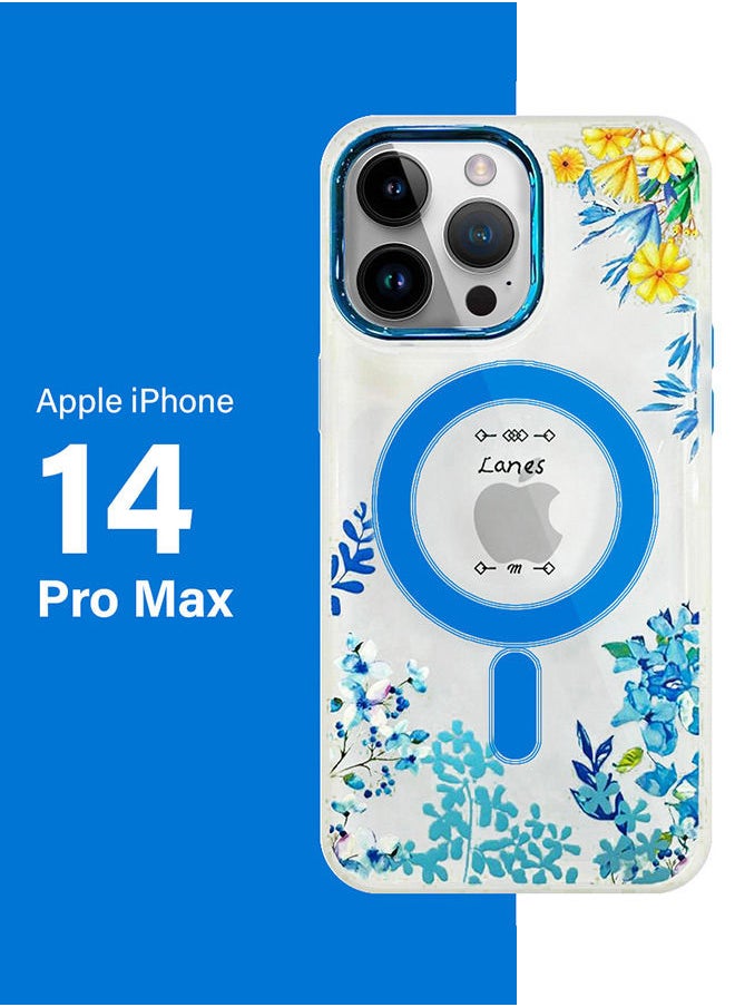 CATANES - Case for Apple iPhone 14 PRO MAX Floral Design Fashion Flower Compatible with MagSafe & Wireless Charging Cover BLUE - Image 1