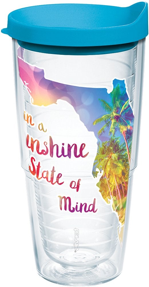 Tervis 1216835 Florida - Sunshine State Of Mind Insulated Tumbler with Wrap and Turquoise Lid, 24oz, Clear - Image 1
