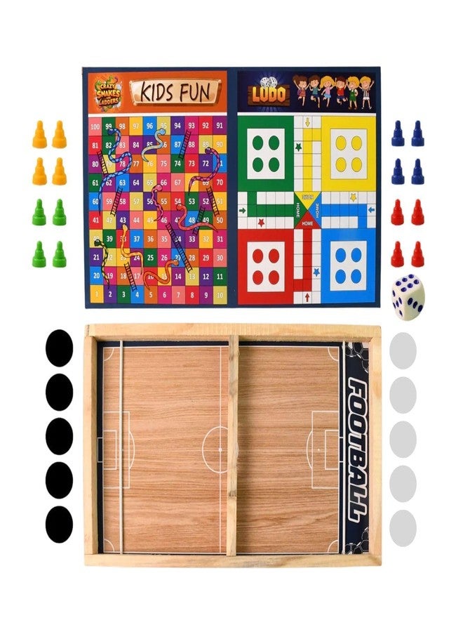 Red Champion 3-in-1 Wooden Board Game Set with Ludo, Snakes & Ladders & Desktop Football, Foldable Box Indoor Tabletop Game Kit with Dice & Playing Pieces for Kids & Family Fun - Image 1