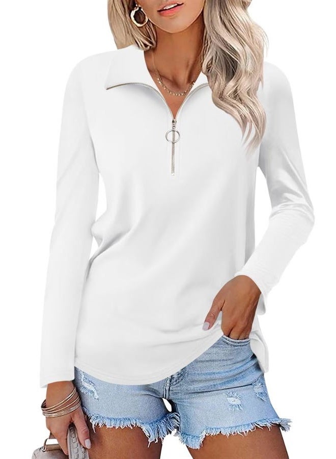 TICTICMISS Women's Long Sleeve Shirts Quarter Zip Pullover Collared V Neck Tops Fall Blouses White - Image 1