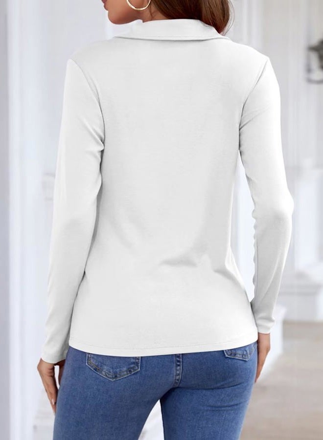 TICTICMISS Women's Long Sleeve Shirts Quarter Zip Pullover Collared V Neck Tops Fall Blouses White - Image 4