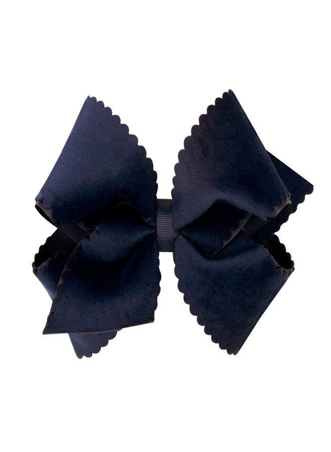 Wee Ones Girls' Grosgrain Hair Bow with Scalloped Edge Faux Velvet Overlay, Small King, Navy - Image 1