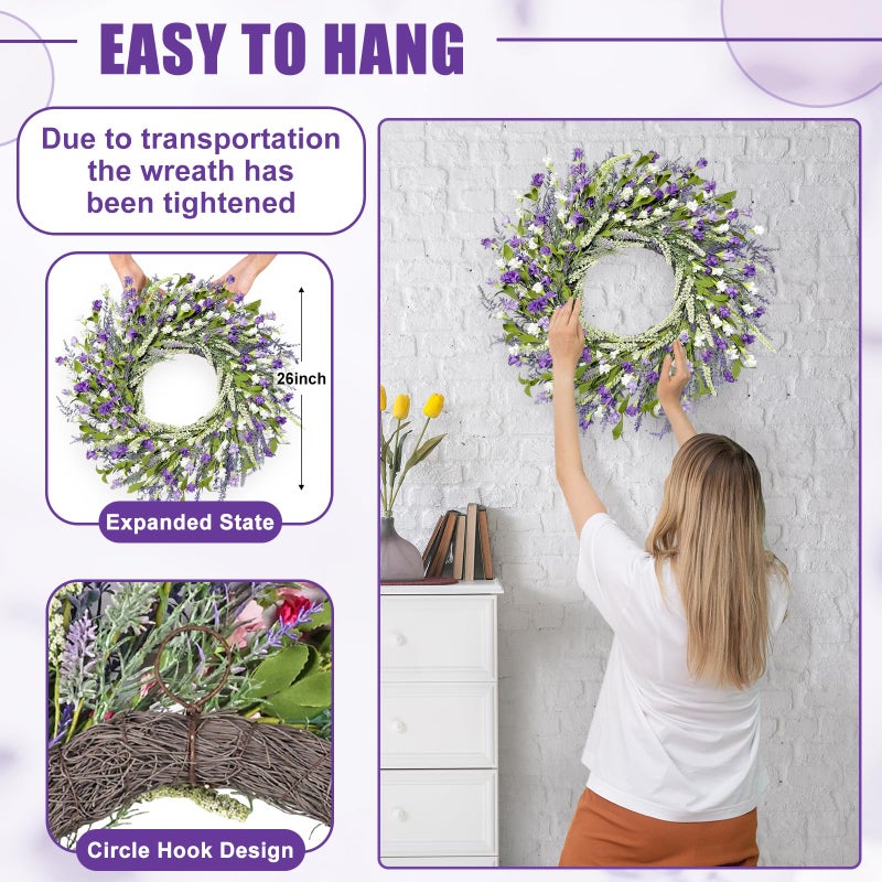 Artgar 26 Inch Spring Wreaths for Front Door, Spring Summer Lavender Paper Flower Wreaths for Home Farmhouse Windows Walls Porch Wedding Indoor Outdoor Decor for All Seasons (Purple) - Image 3