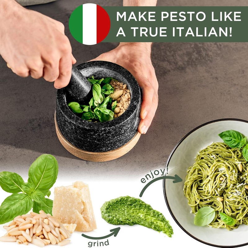 WALDWERK Mortar and Pestle - Mortar and Pestle Set with Anti-Scratch Oak Wood Base - Mortar with Extra Large Pestle Made of Natural Granite - Large Mortar and Pestle - Ideal for Guacamole - Image 2